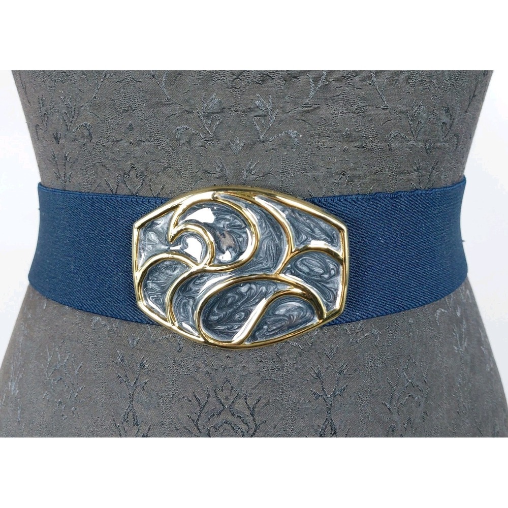 Vtg 80s Nan Lewis Stretch Belt Size M‎ Black Oval Gray Enamel Gold Buckle 2"x25"
